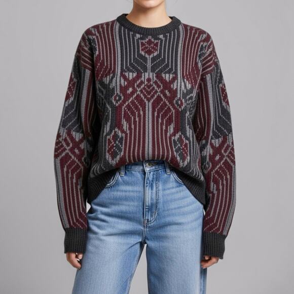 Vintage 80s Jacquard Sweater Grandpacore Dark Academia Art Deco Geometric Knit L - Picture 3 of 10